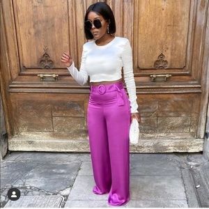 Zara | Pants u0026 Jumpsuits | Zara Satin Effect Wide Leg Highwaist Pants W Belt  Purple Color New Xs | Poshmark
